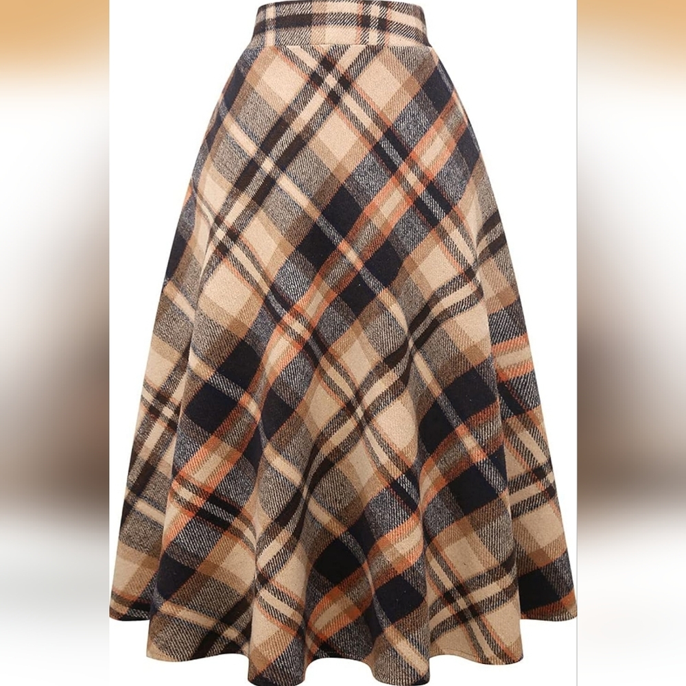 Plaid A-Line Midi Skirt in Beige and Navy